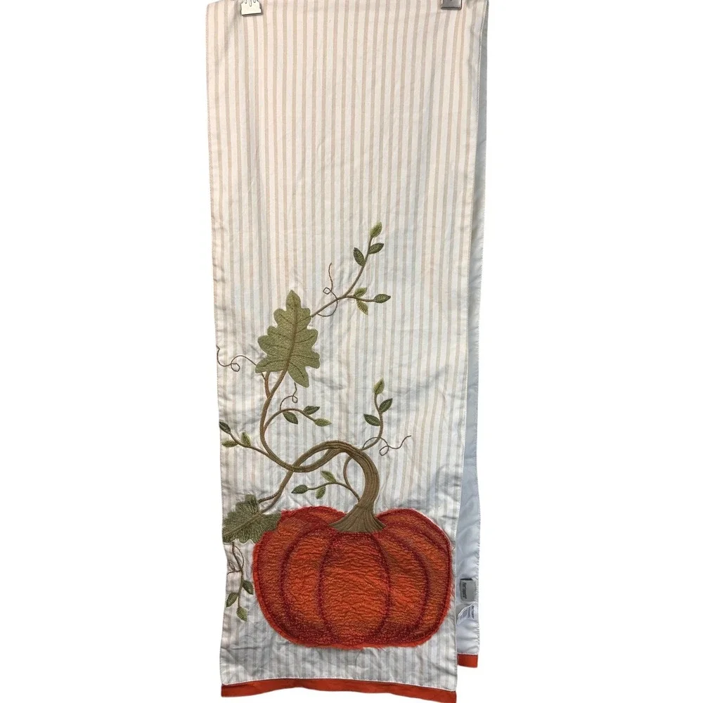 Pier 1 Imports‎ Table Runner 66x13 Pumpkin Stripe Embroidered Fall Thanksgiving
